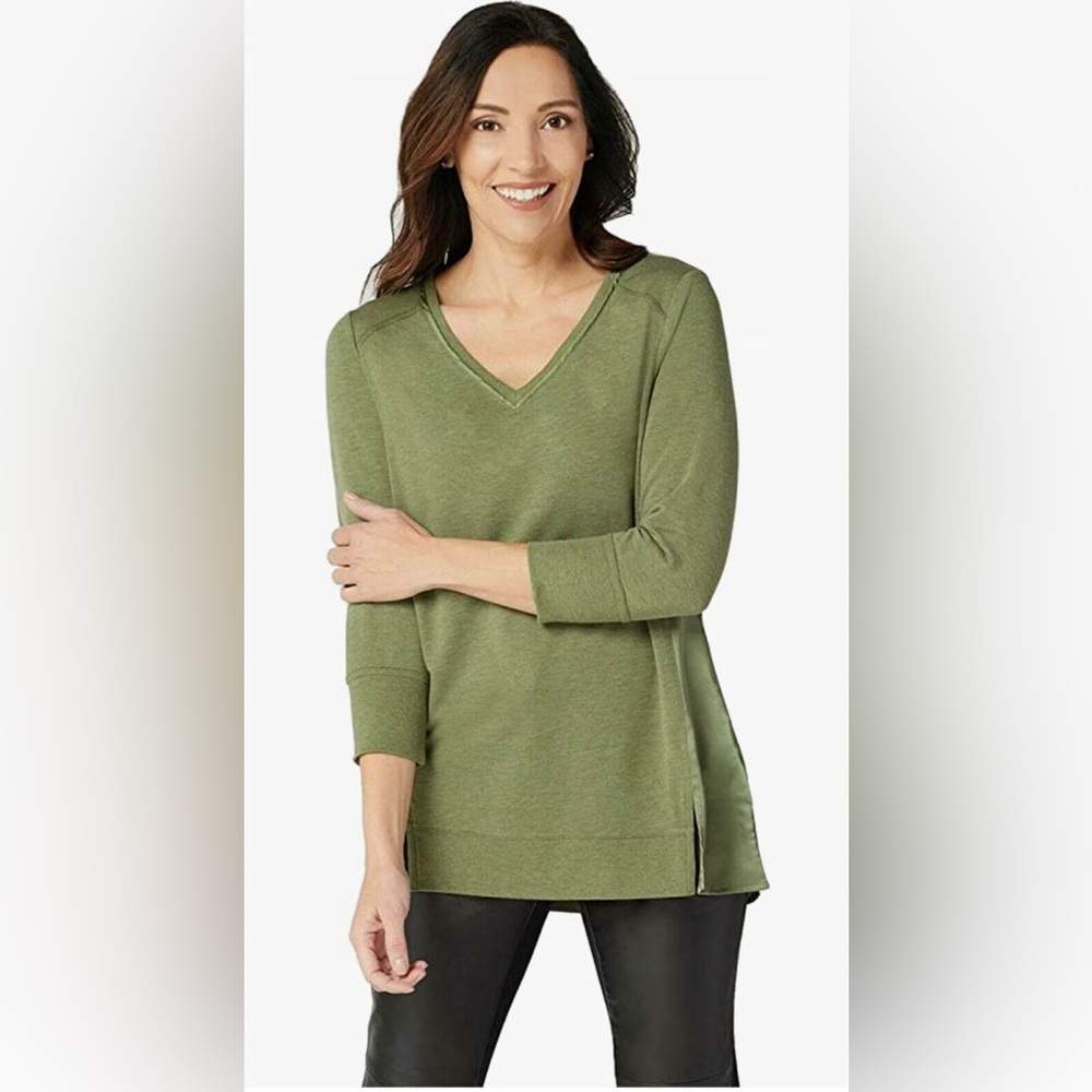 H by Halston Women's V Neck Mixed Media French Terry Tunic Top Medium